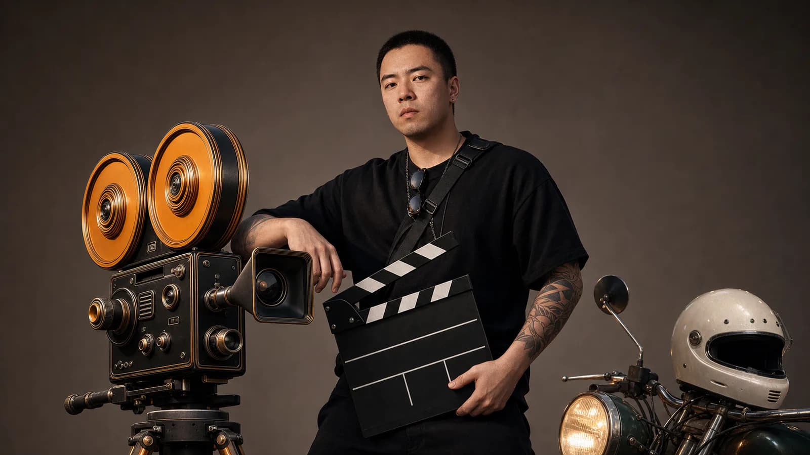 Static illustrated creator portrait with a vintage film camera, clapperboard, helmet, and Scrambler motorcycle cues