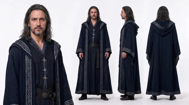 Character design of a male mage representative with robes and magical gear