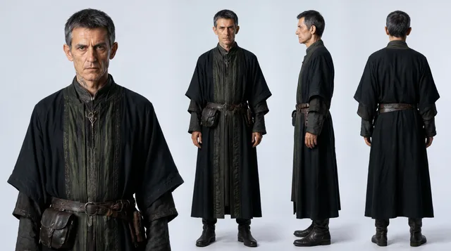 Front, side, and back character turnaround for the Snake Clan doctor