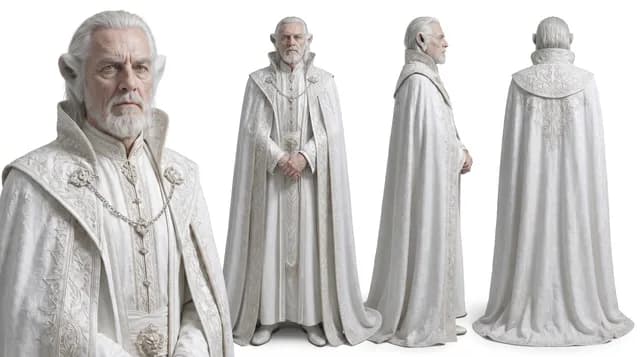 Front, side, and back character turnaround for the elder Snow Lion lord