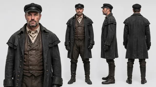 Front, side, and back costume turnaround for the wedding coachman
