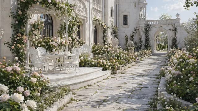 Rose-garden environment with flower arches and walking paths