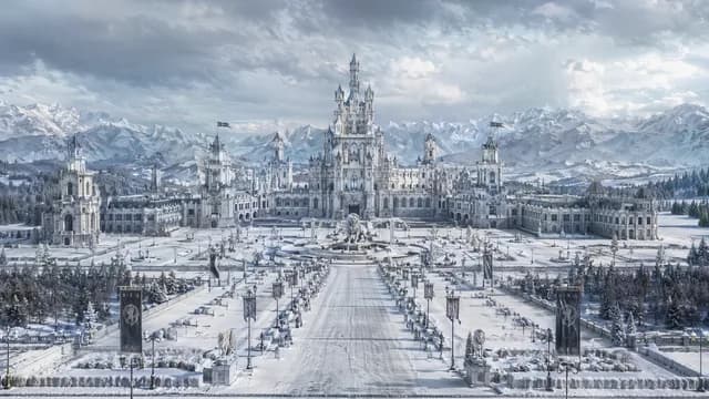 Exterior environment concept of White Lion Castle among snowy mountains