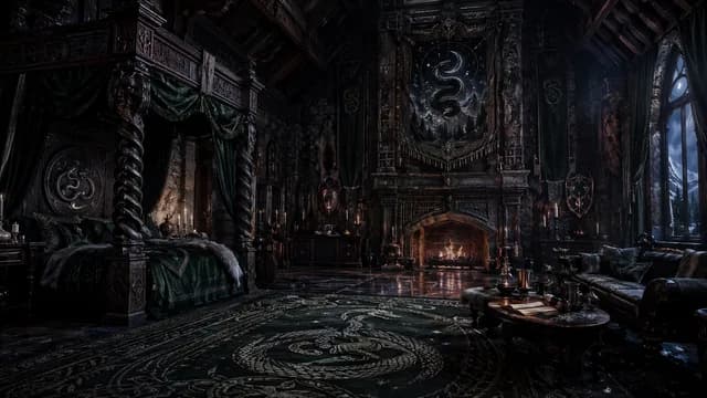 Dark, luxurious primary-bedroom environment for the Snake Clan