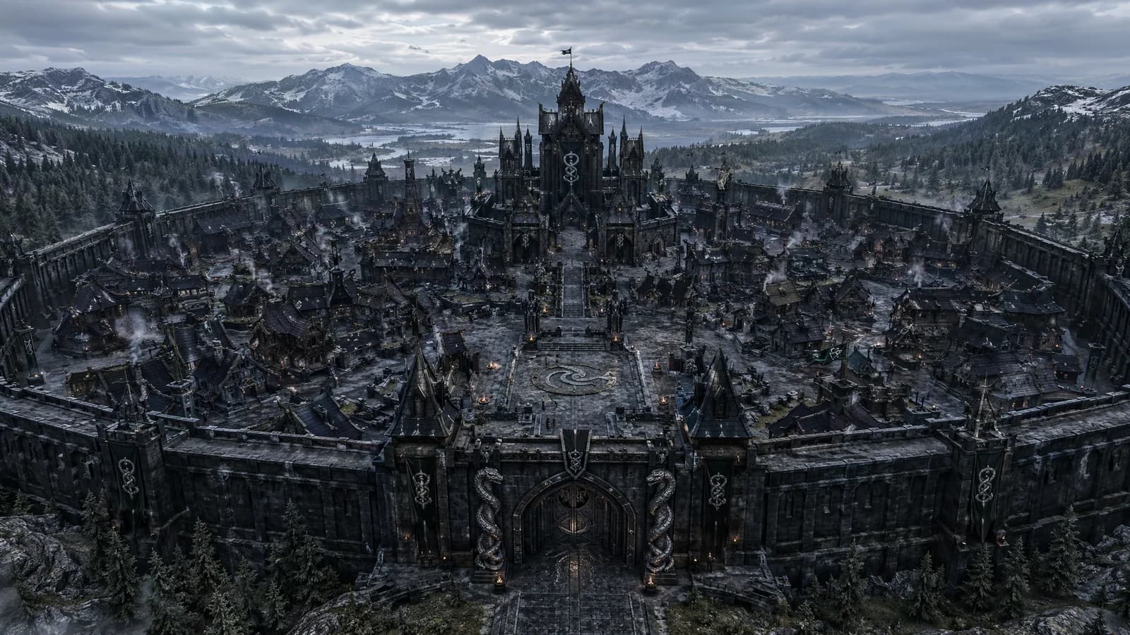 Panoramic environment concept of the Snake Clan territory and architecture