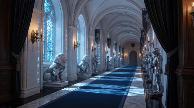 Long, high-ceilinged corridor inside the Snow Lion Castle