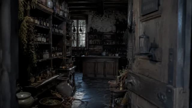 Black-market potion shop lined with bottles and medicinal supplies