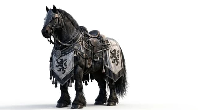 Creature design of a powerful warhorse fitted with saddle and armor