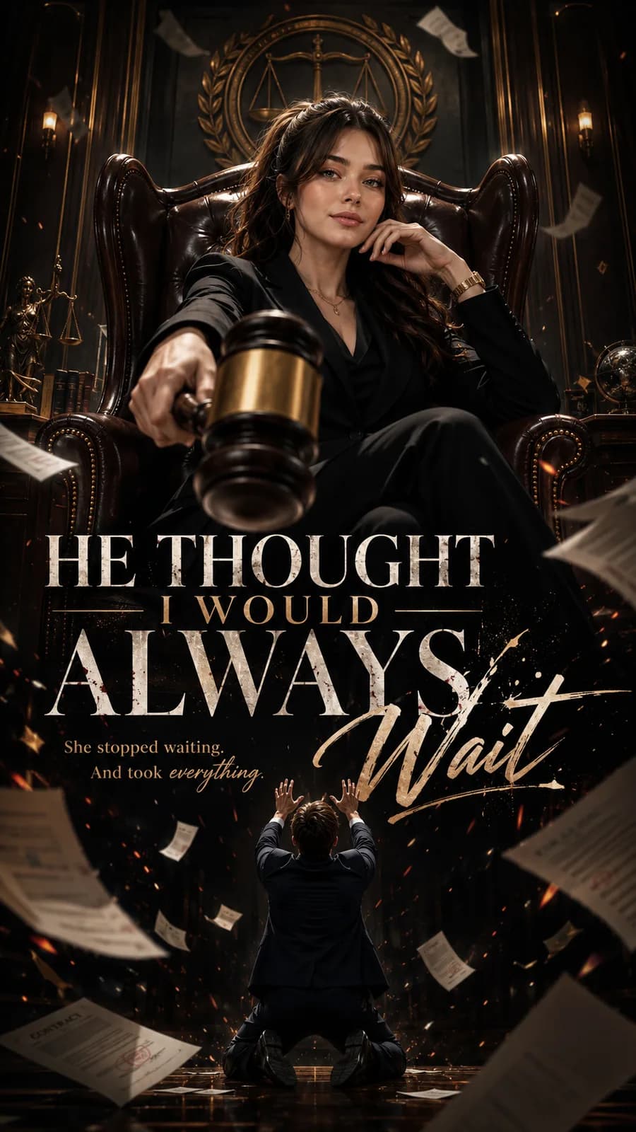 《He Thought I Would Always Wait》项目海报,Yara 坐在审判椅上重新掌控事业与人生